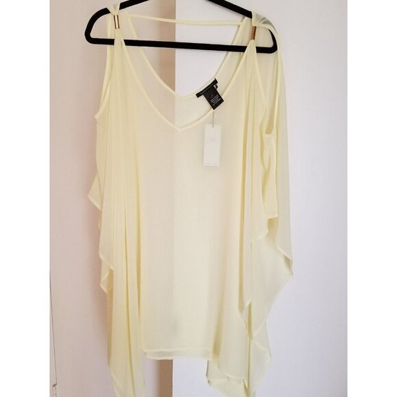 NWT $148 BCBGMAXAZRIA SHEER COLD SHOULDER TUNIC BLOUSE PASTEL LIME  SIZE LARGE - Picture 4 of 11